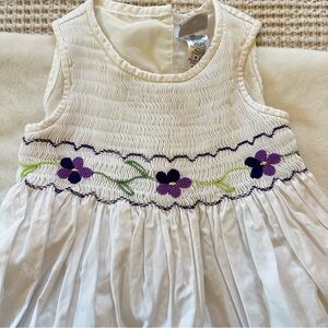 Jayne Copeland Smocked White Dress with Purple Floral Embroidery